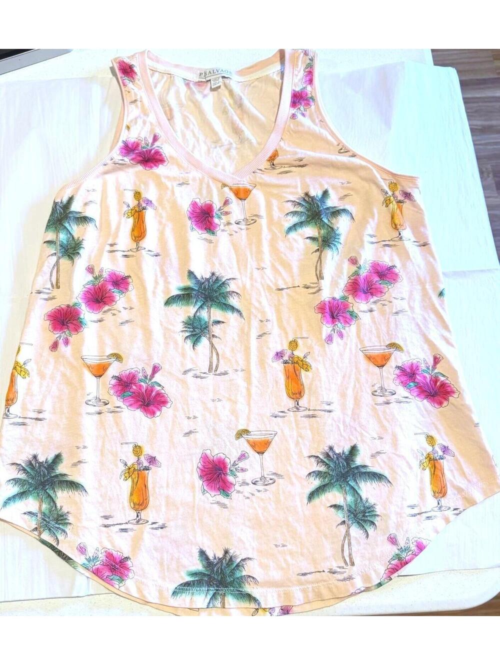 PJ Salvage Tropical Palm Tree Fruity Drink Sleeveless Top Size Small